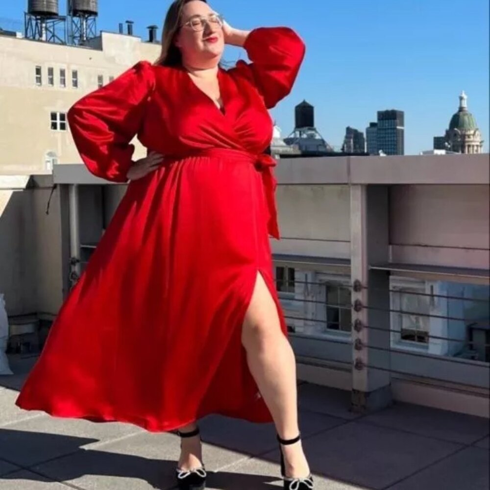 Lane Bryant Red Holiday Collection V-Neck Belted Tie Waist Maxi Dress Sz 24P NWT